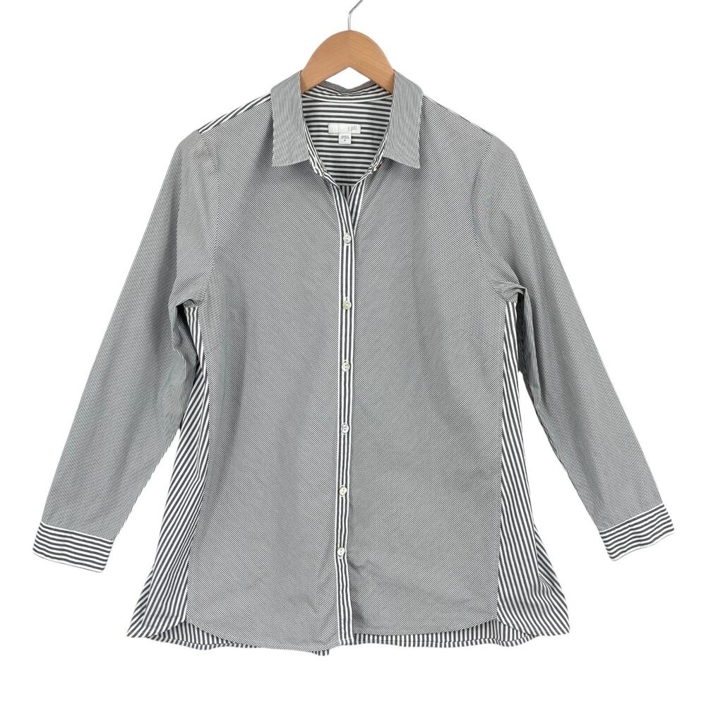 J. Jill Shirt Top Womens Medium Gray Striped Long Sleeve Hi-Low Button Down